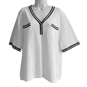 Designer Karl Lagerfeld Paris White Varsity Tennis Sweater 3 Pearlized Buttons